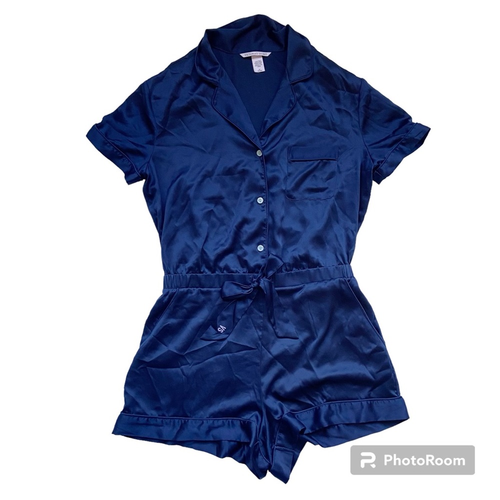 Victoria’s Secret, blue silky sleep romper, women’s size M, elastic waistband